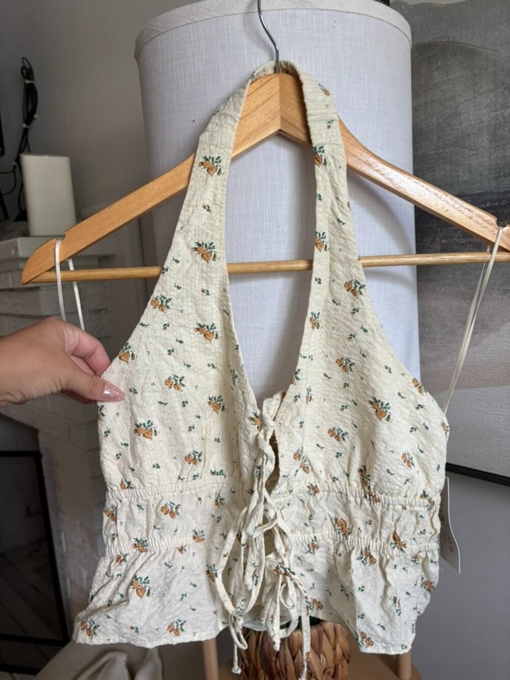 Cream Ditsy Floral Halter Lace Up Boho Crop Top